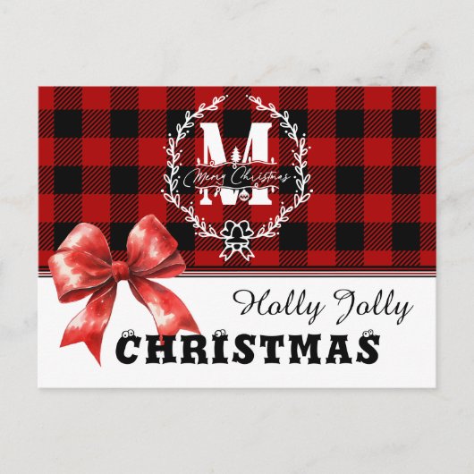 Merry Christmas Monogram Wreath Buffalo Plaid シーズンポストカード (正面)