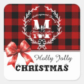 Merry Christmas Monogram Wreath Buffalo Plaid スクエアシール (正面)