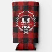 Merry Christmas Monogram Wreath Buffalo Plaid スリム缶クーラー (正面)