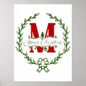 Merry Christmas Monogram Wreath Wall Art ポスター (正面)
