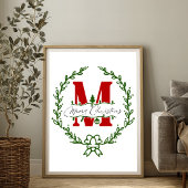 Merry Christmas Monogram Wreath Wall Art ポスター