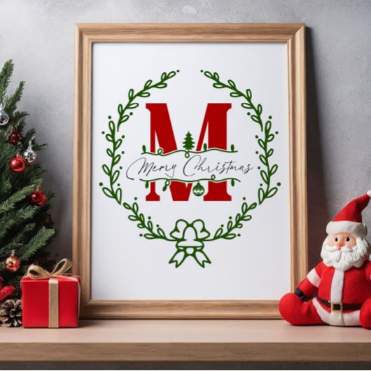 Merry Christmas Monogram Wreath Wall Art ポスター