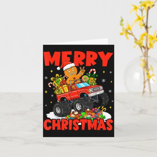 Merry Christmas Monster Truck Funny Gingerbread Me カード (黄色い花)