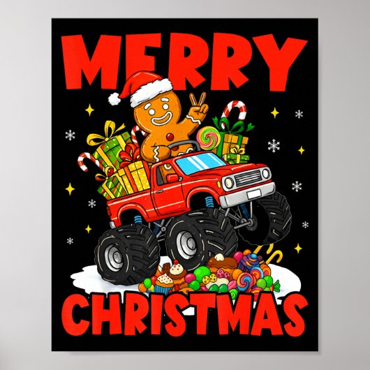 Merry Christmas Monster Truck Funny Gingerbread Me ポスター (正面)