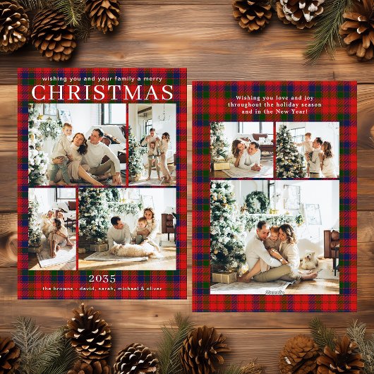 Merry Christmas Multi Photo Red Plaid Holiday Card シーズンカード