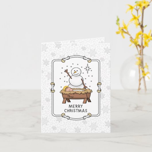 Merry Christmas Nativity Baby Jesus Snowman カード (黄色い花)