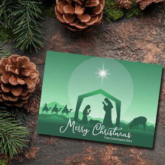 Merry Christmas Nativity Scene Green Religious シーズンカード