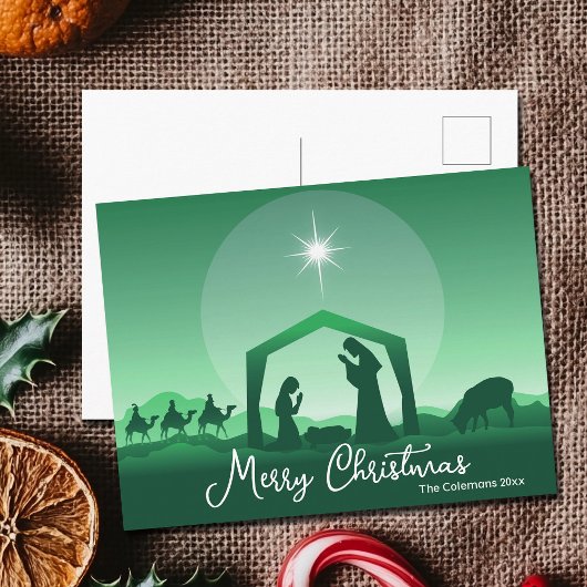Merry Christmas Nativity Scene Green Religious シーズンポストカード