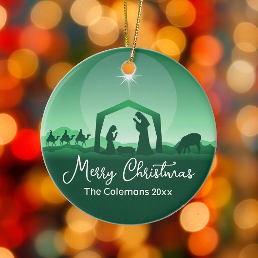 Merry Christmas Nativity Scene Green Religious セラミックオーナメント