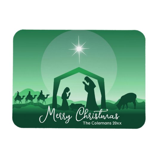 Merry Christmas Nativity Scene Green Religious マグネット (横)
