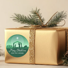 Merry Christmas Nativity Scene Green Religious ラウンドシール