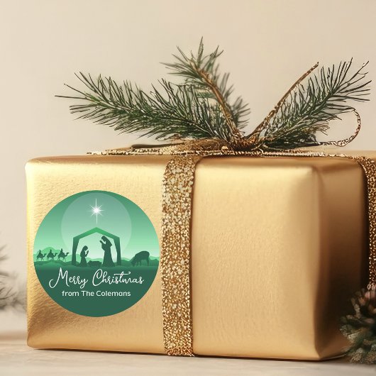 Merry Christmas Nativity Scene Green Religious ラウンドシール
