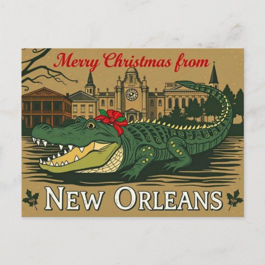 Merry Christmas New Orleans Alligator シーズンポストカード (正面)