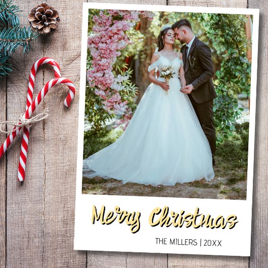 Merry Christmas Newlywed Photo Soft Gold シーズンカード