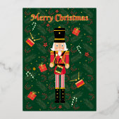 Merry Christmas Nutcracker Green Foil Holiday Card 箔シーズンカード (正面)