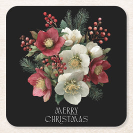 Merry Christmas Painterly Hellebore Holiday Design スクエアペーパーコースター