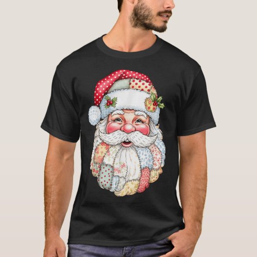 Merry Christmas Patchwork Santa Claus Face X-mas H Tシャツ (正面)