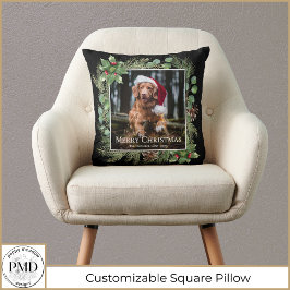 Merry Christmas Pet Photo Wreath Botanical クッション