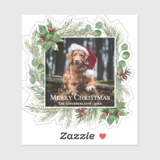 Merry Christmas Pet Photo Wreath Botanical シール (シート)