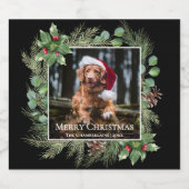 Merry Christmas Pet Photo Wreath Botanical スパークリングワインラベル (シングルラベル)