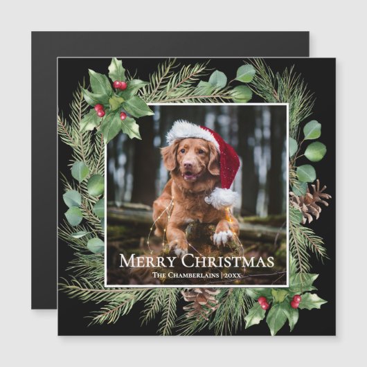 Merry Christmas Pet Photo Wreath Magnetic Card (正面/裏面)