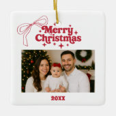 Merry Christmas photo bow red hand-drawn retro セラミックオーナメント (正面)