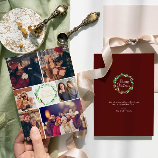 Merry Christmas Photo Collage Family Watercolor  箔シーズンカード