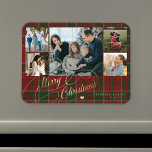 Merry Christmas photo collage rustic plaid マグネット<br><div class="desc">Elegant stylish Merry Christmas faux gold classic calligraphy script five family photos red green plaid tartan rustic magnet with your custom personalized text.</div>