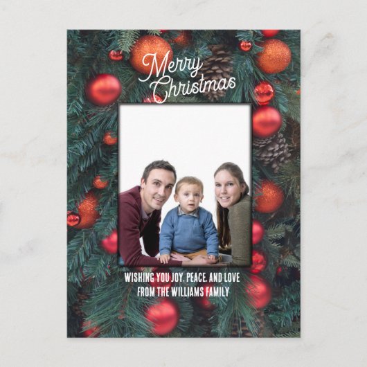 Merry Christmas photo greeting red ornaments  シーズンポストカード (正面)