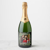 Merry Christmas Photo Wreath Botanical スパークリングワインラベル (正面)