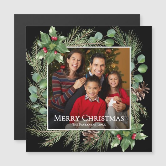 Merry Christmas Photo Wreath Magnetic Card (正面/裏面)