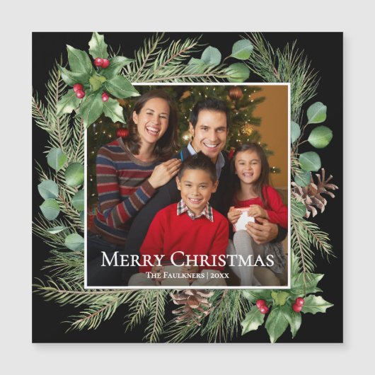 Merry Christmas Photo Wreath Magnetic Card (正面)