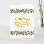 Merry Christmas Pine Branches Pinecones Holly シーズンカード (正面)