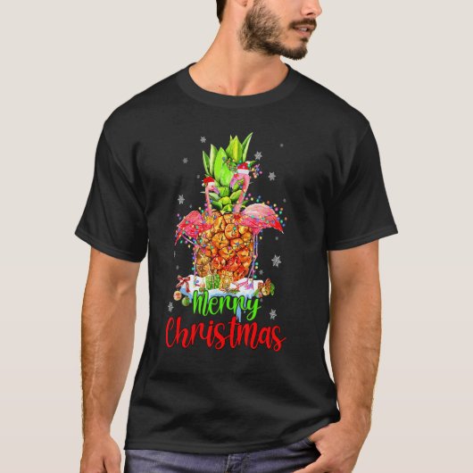 Merry Christmas Pineapple Flamingo  Xmas Tシャツ (正面)