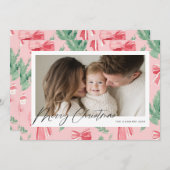 Merry Christmas pink bows and green sprig シーズンカード (正面/裏面)