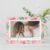 Merry Christmas pink bows and green sprig シーズンカード (スタンド正面)
