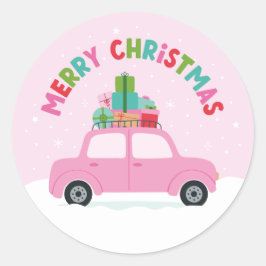 Merry Christmas Pink Car with Gifts in Pastel Pink ラウンドシール