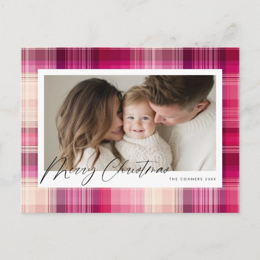 Merry Christmas pink plaid シーズンポストカード (正面)