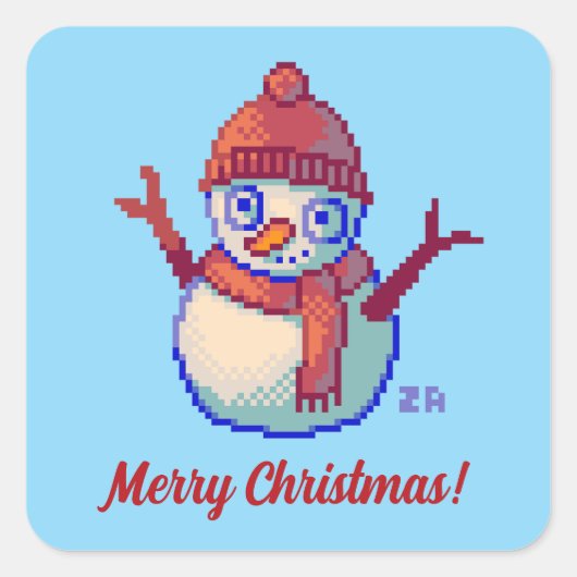 Merry Christmas, Pixel Art, pixelart, Snowman  スクエアシール (正面)