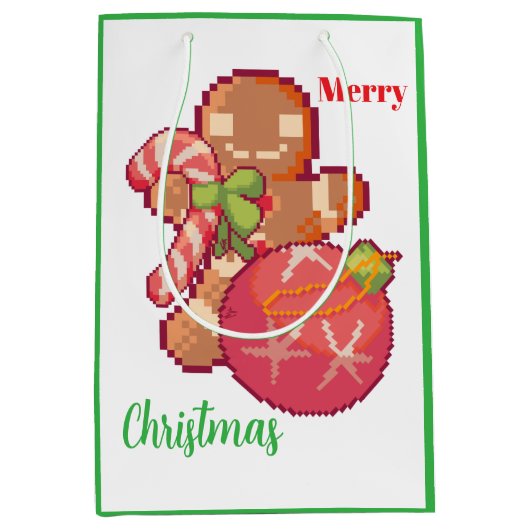 Merry Christmas Pixelart, Pixel Art  ミディアムペーパーバッグ (正面)
