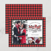 MERRY Christmas Plaid Budget 3-Photo Holiday Card (正面/裏面)