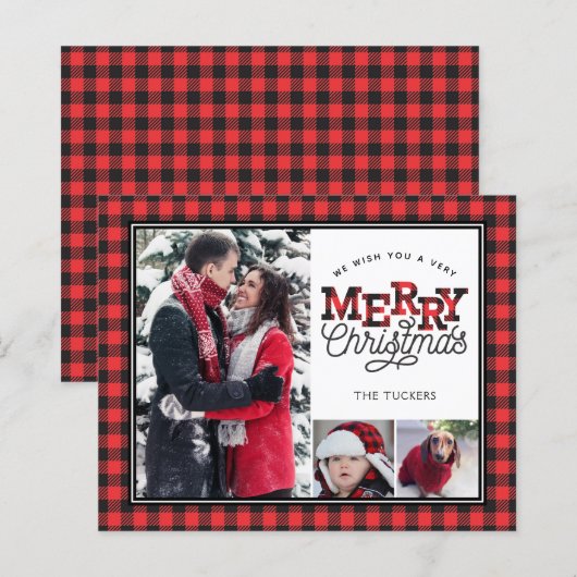 MERRY Christmas Plaid Budget 3-Photo Holiday Card (正面/裏面)