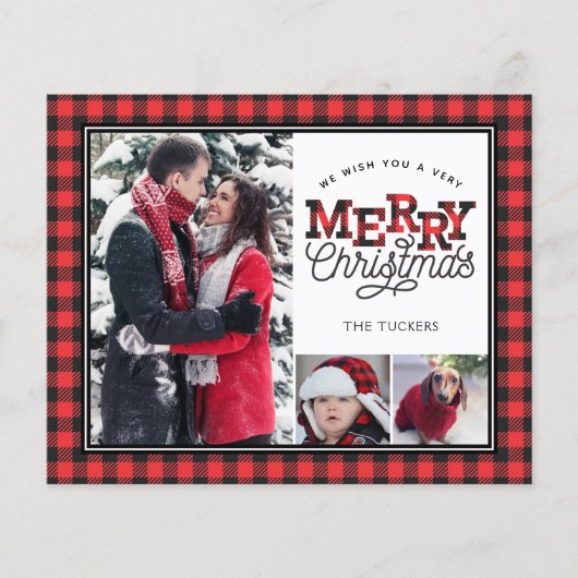 MERRY Christmas Plaid Budget 3-Photo Holiday Card (正面)