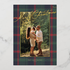 Merry Christmas Plaid Foil Family Photo Holiday 箔招待状