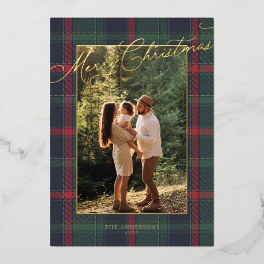 Merry Christmas Plaid Foil Family Photo Holiday 箔招待状 (正面)