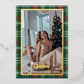 Merry Christmas Plaid Foil Photo Collage Christmas 箔シーズンカード (正面)