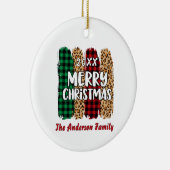 Merry Christmas Plaid & Leopard Print Family Name  セラミックオーナメント (右)