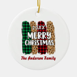 Merry Christmas Plaid & Leopard Print Family Name  セラミックオーナメント