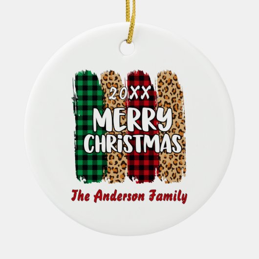 Merry Christmas Plaid & Leopard Print Family Name  セラミックオーナメント (正面)