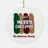 Merry Christmas Plaid & Leopard Print Family Name  セラミックオーナメント (裏面)